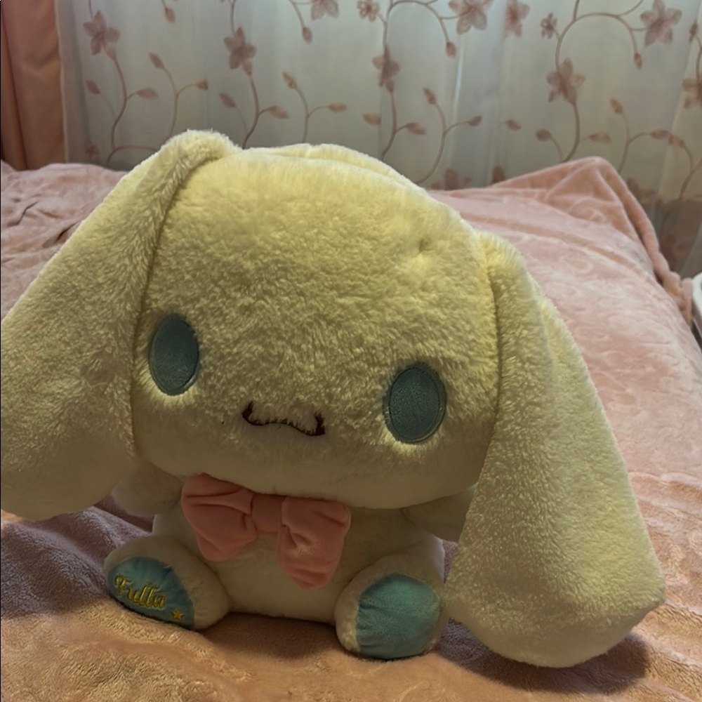 Cute Cream Plush Toy with Pink Bow